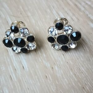 Vtg NWH for Napier Clip On Earrings Silver Tone w Black & Clear Rhinestones